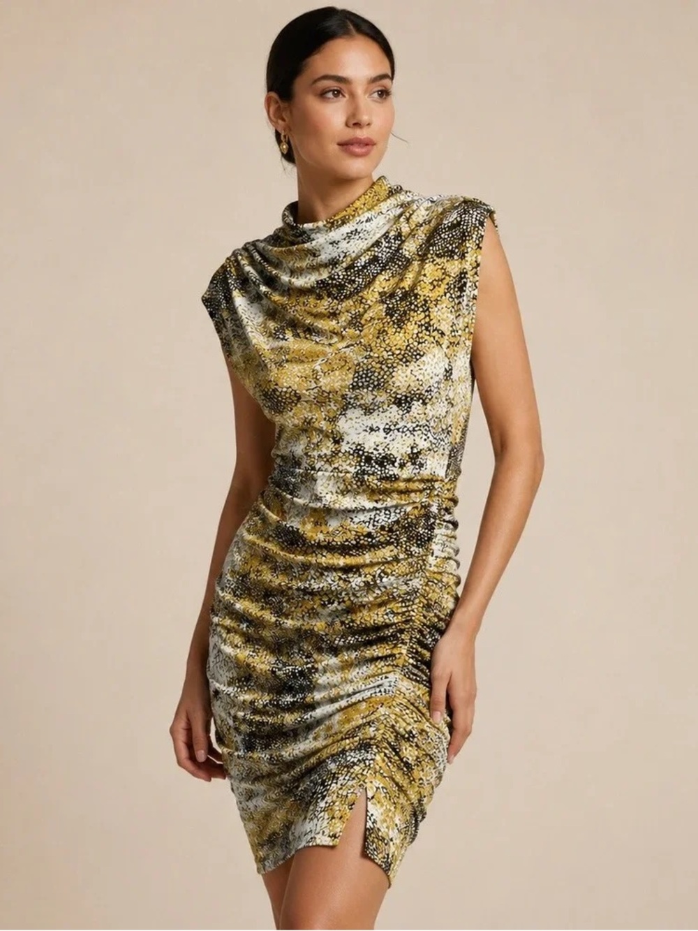 Anthropologie Yellow & Black Snake-Print Cowl Neck Mini Dress
